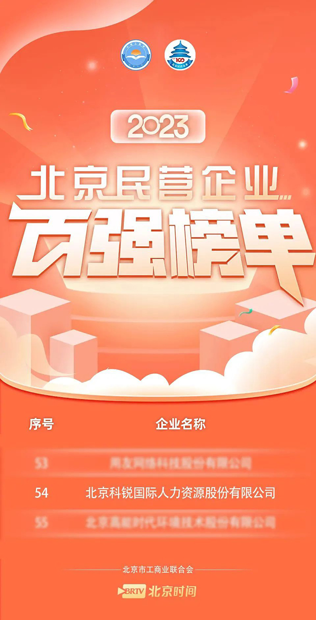 2023年mg冰球突破人力资源公司连续四年上榜“北京民营企业百强”