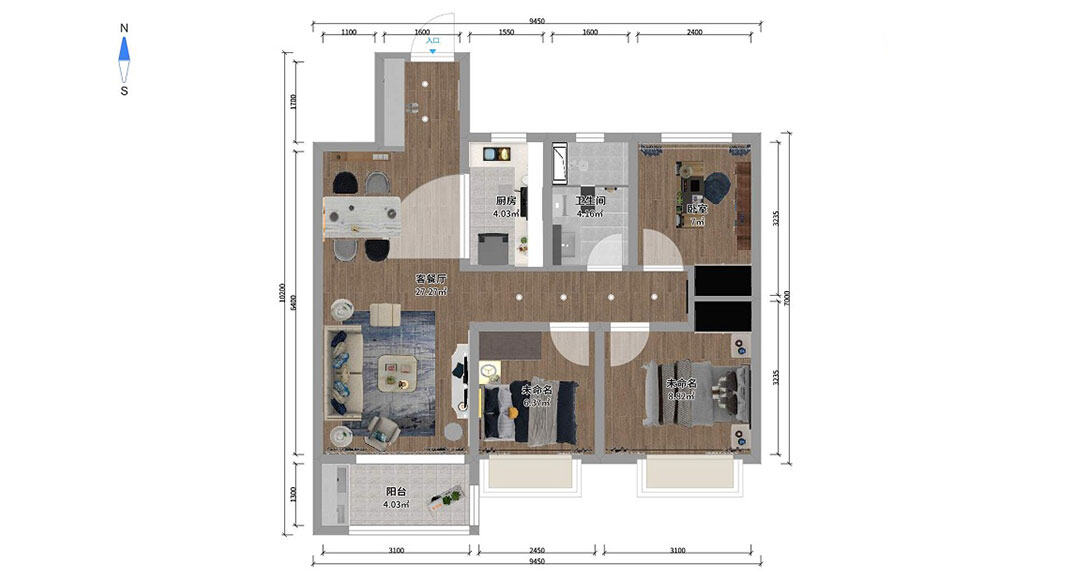 衡山学府110㎡三室一厅户型平面结构图.jpg